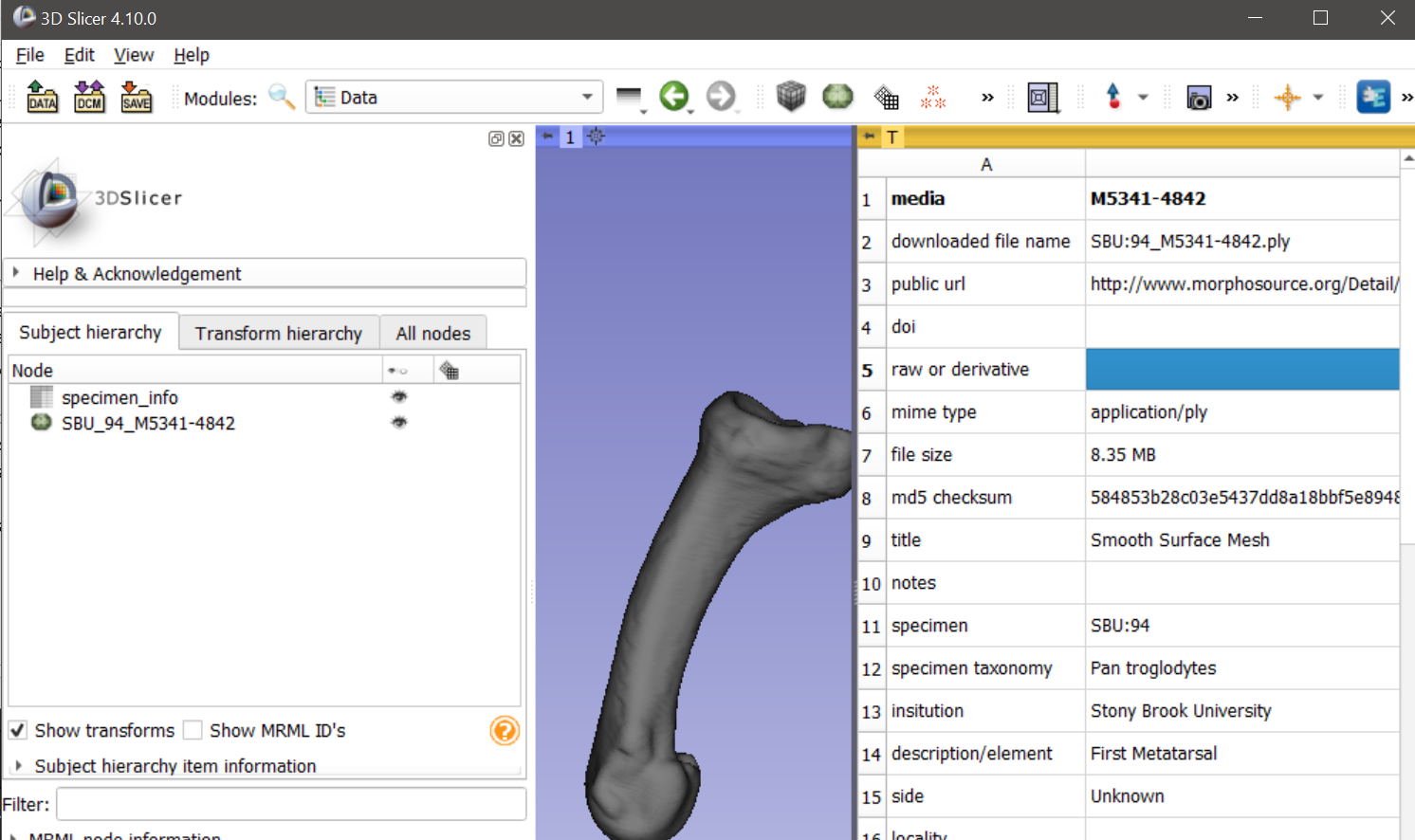 Screenshot of M/S volume and CSV metadata spreadsheet imported into Slicer